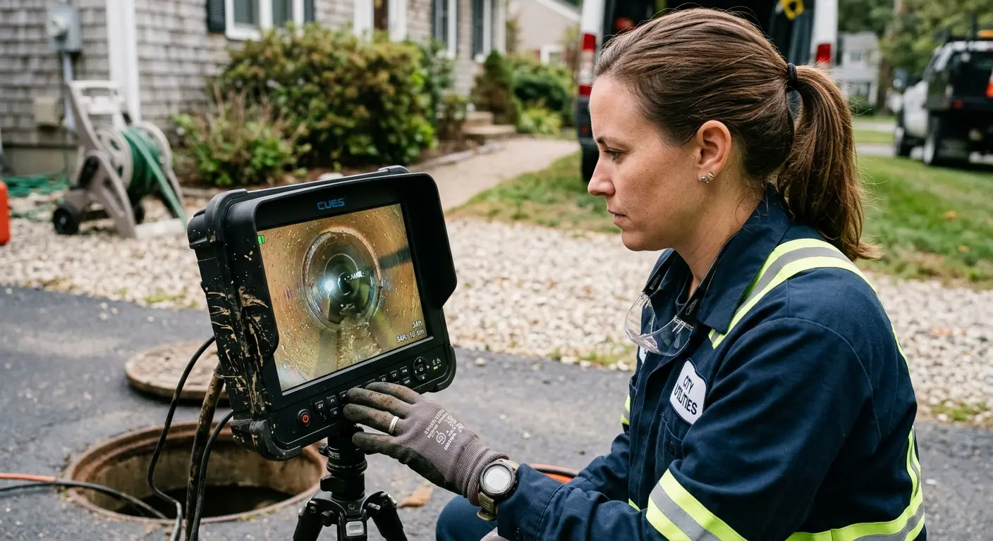 Technician reviewing sewer camera inspection footage in Grenada