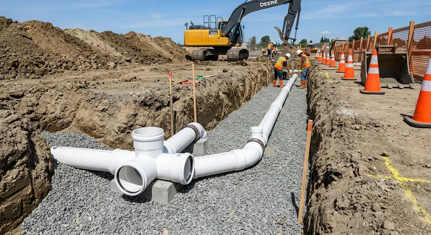 New PVC sewer pipe installation in open trench for Commercial Drain Cleaning in Grenada