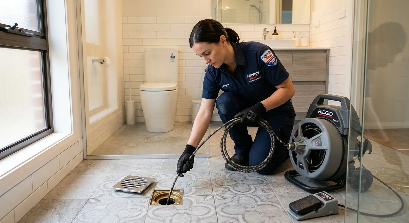 Technician clearing a bathroom floor drain for Clogged Drain Repair in Grenada